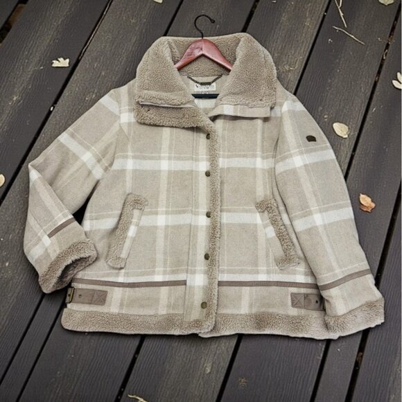 UGG Coat Womens XL Tan Cream Plaid Full Zip Sherpa Fleece Flannel Koolaburra - Picture 1 of 12